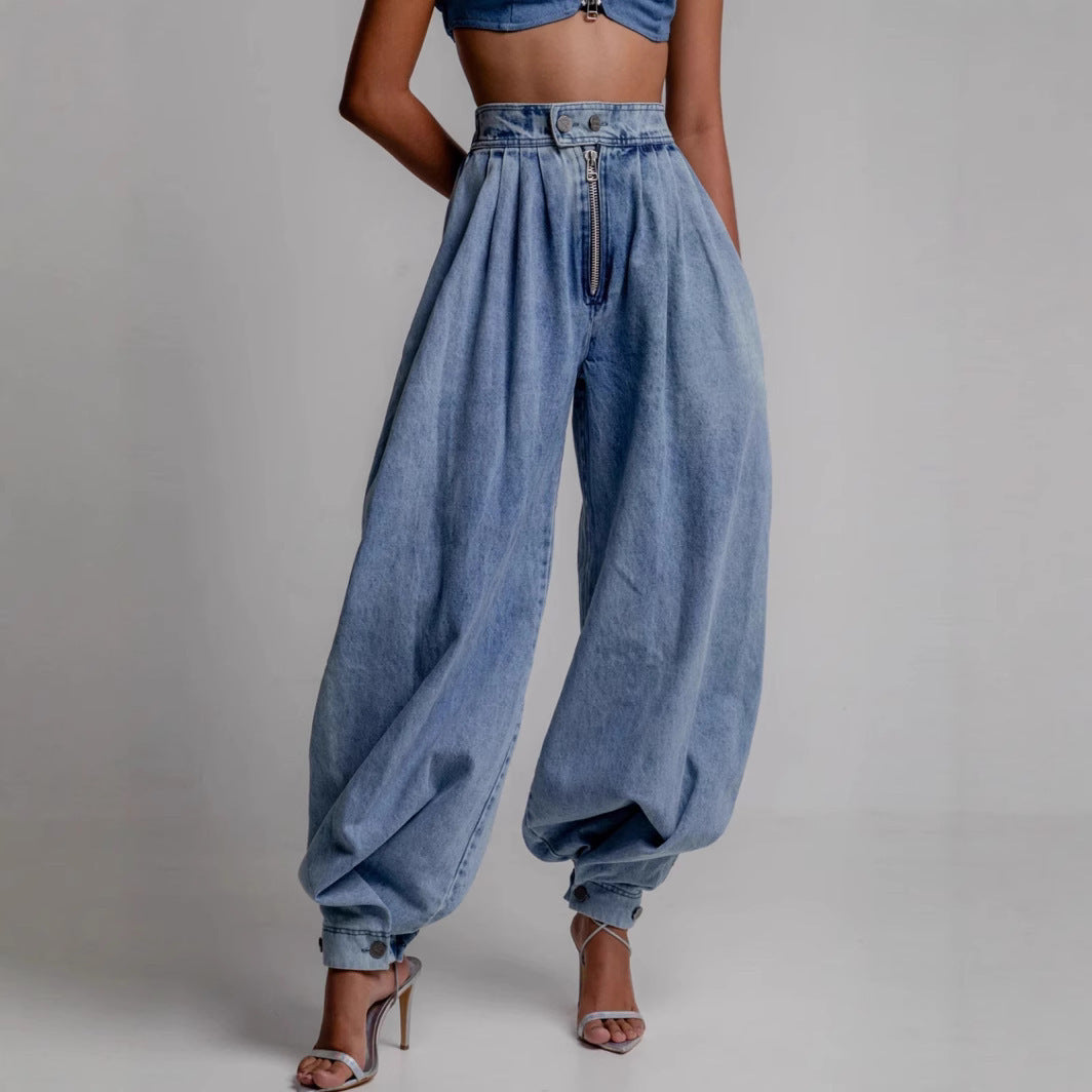 Denim Baggy High Waist Ankle-Length Women's Zipper Harem Jeans to 3X Plus Size