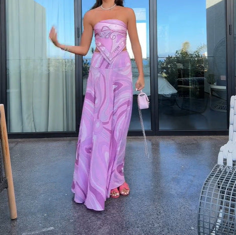 Lavender Purple Geometric Print Women's Tube Top + Oversized Flared Maxi Skirt 2-Piece Set