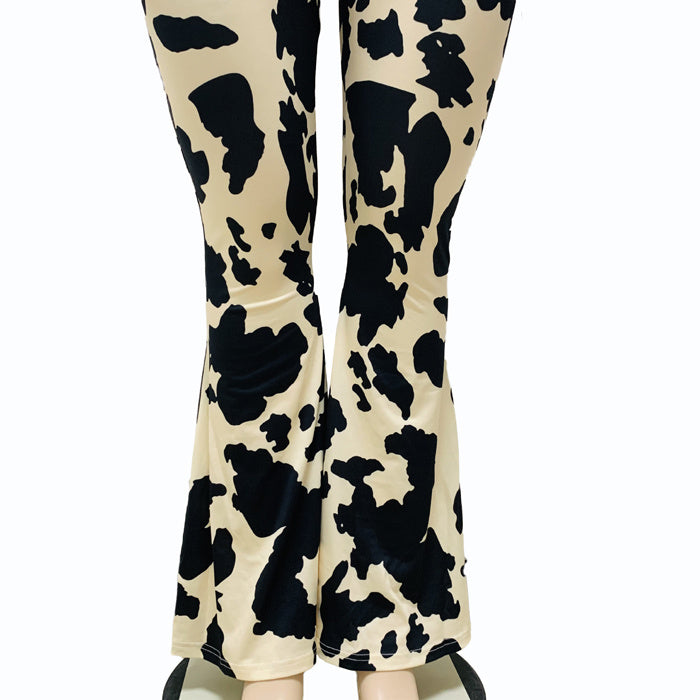 Black/Off-White Cowhide Pattern Sleeveless Tube Top + Flared Leggings 2-Piece Set to 5X Plus Size