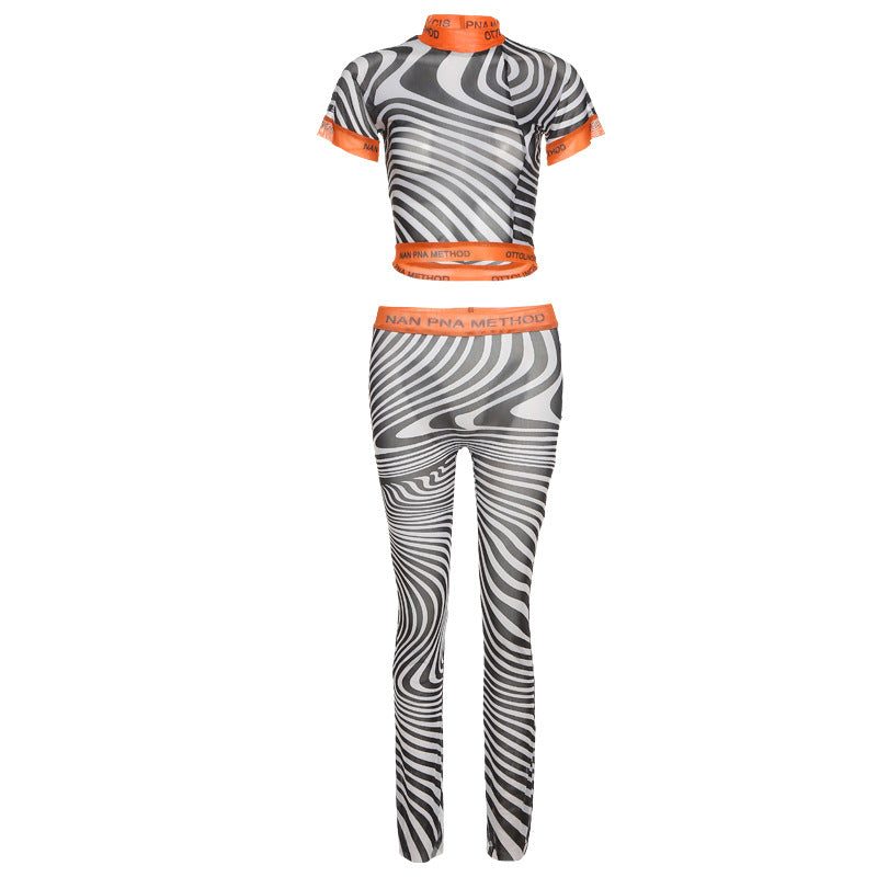 Mesh Sheer Colorblock Striped Women's Short Sleeve Top + Bodycon Leggings 2-Piece Set