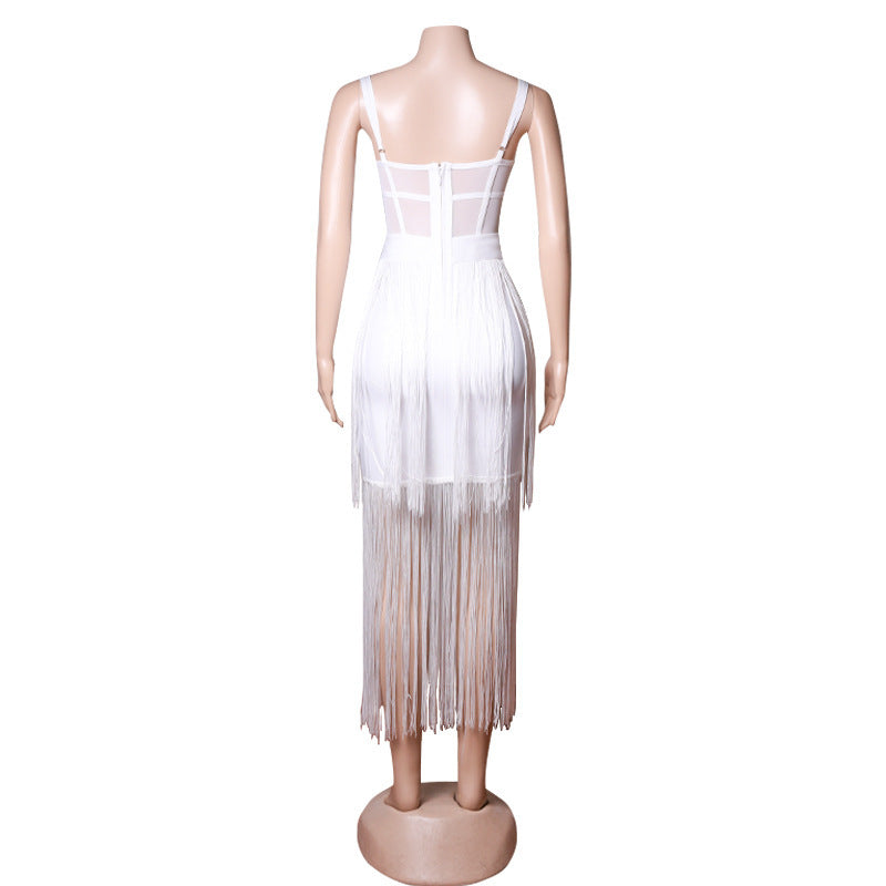 Bandage Mesh Transparent Tassel Fringe Detail Layered Sleeveless Spaghetti Strap Formal Maxi Party Dress