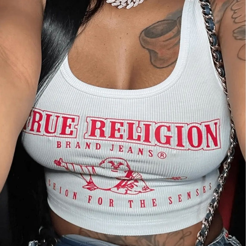 "True Religion" Open Collar Printed Letter Sunken Neck Women's Tank Top