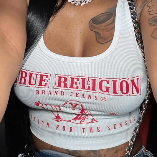 "True Religion" Open Collar Printed Letter Sunken Neck Women's Tank Top
