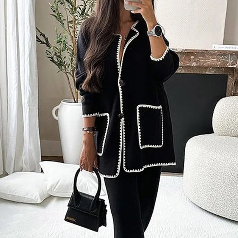 Oversized Colorblock Stitch Design Button-Up Pocketed Sweater Blazer + Pants Women's Knitted Suit