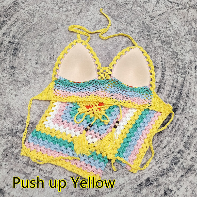 Crochet Knitted Striped Colorblock Rainbow Multi-Colored Women's Drawstring 2-Piece Bikini Swimsuit