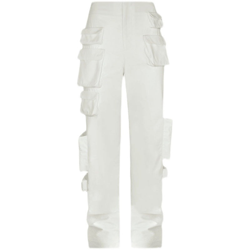 White/Black Hip-Hop Streetwear Multi-Pocketed Women's High Waist Cargo Pants