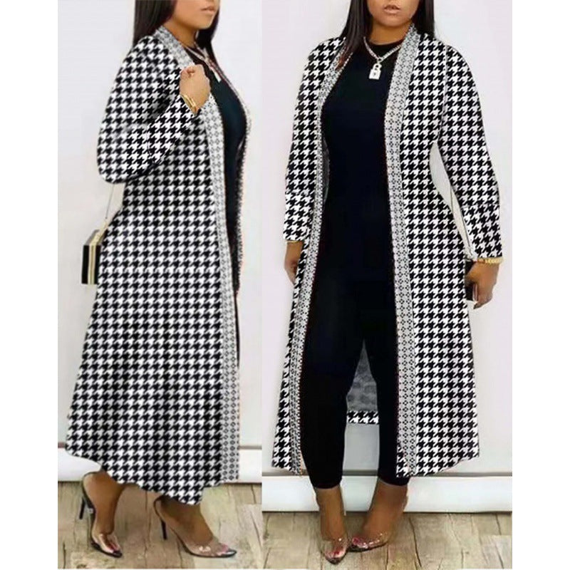 Houndstooth/Geometric/Colorblock Print Women's Open Maxi Cardigan Sweater to 5X Plus Size
