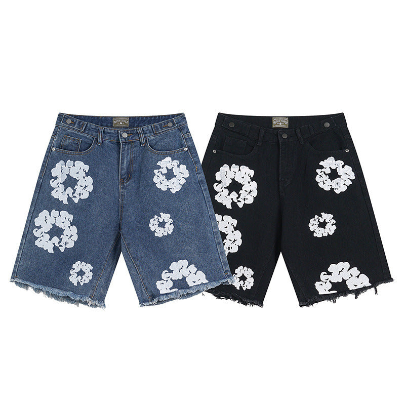 Men's Denim Big White Flower Print Jean Shorts