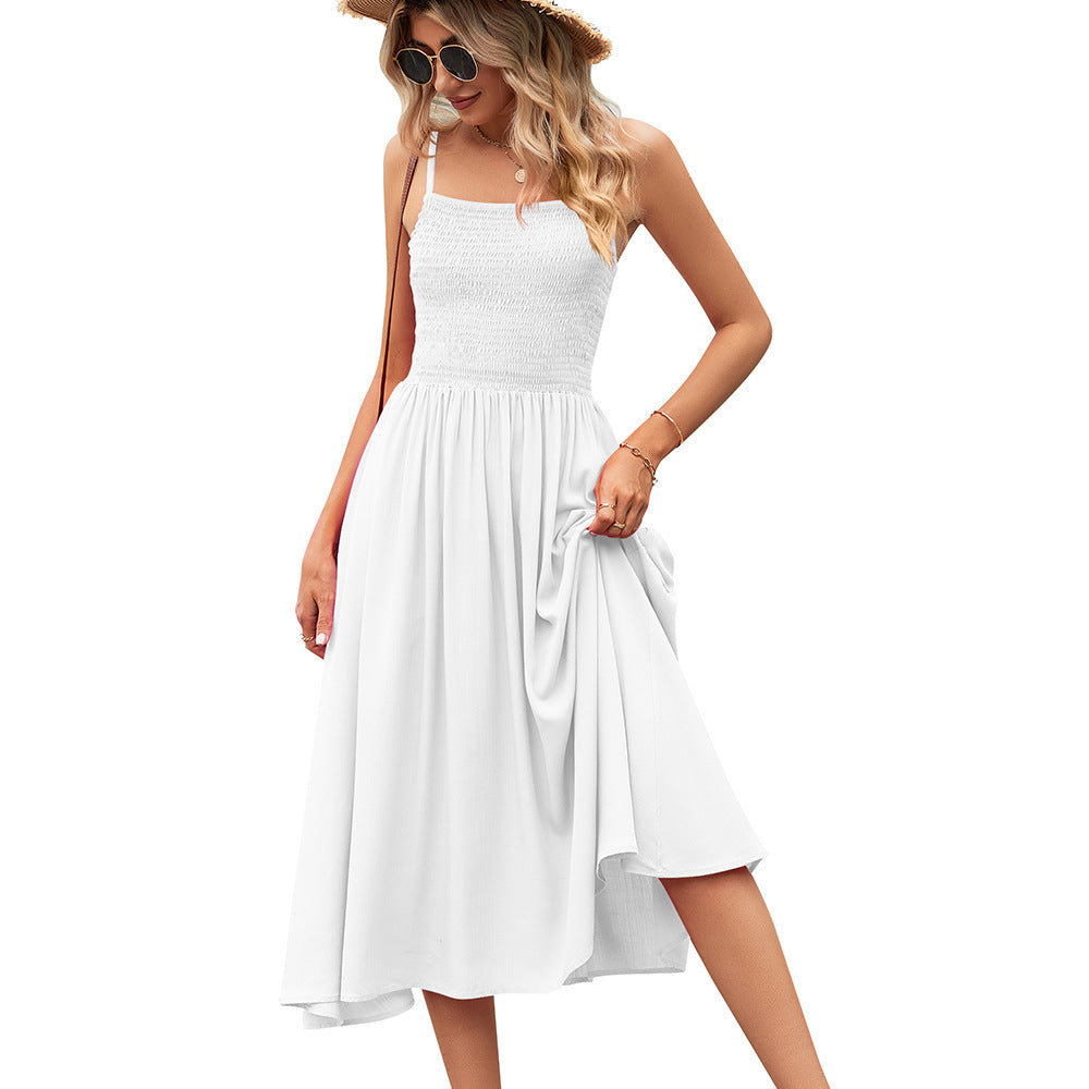 Sleeveless Ruched Square Collar Pleated Bohemian Solid Color Spaghetti Strap Midi Dress