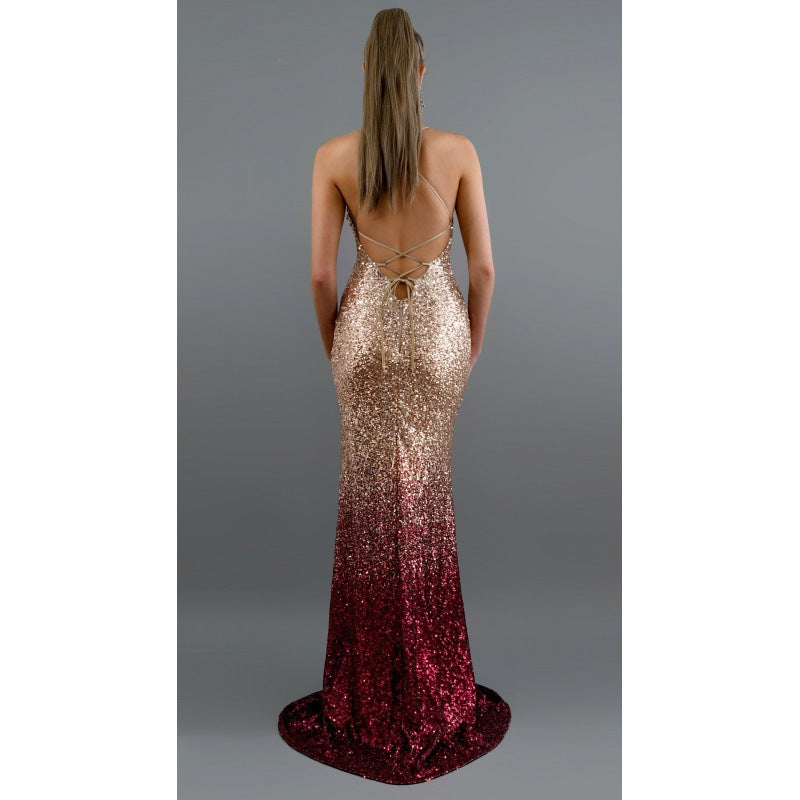 Ladies Sexy V-neck Halter Gradient Long Dress