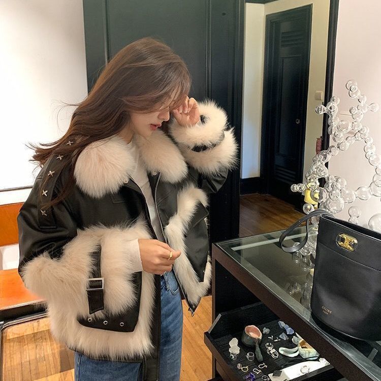 Vintage PU Leather Patchwork Colorblock Faux Fur Lined Stitched Women's Jacket