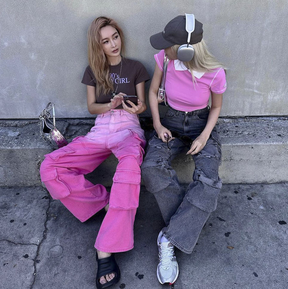 Denim Light Pink/Hot Pink 2-Tone Colorblock Women's Multi-Pocketed Wide Leg Cargo Jeans