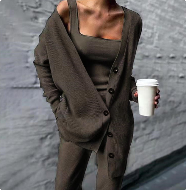 Knitted Solid Color 3-Piece Women's Set w/ Button-Up Cardigan Sweater, Tank Top + Pants to 4X Plus Size