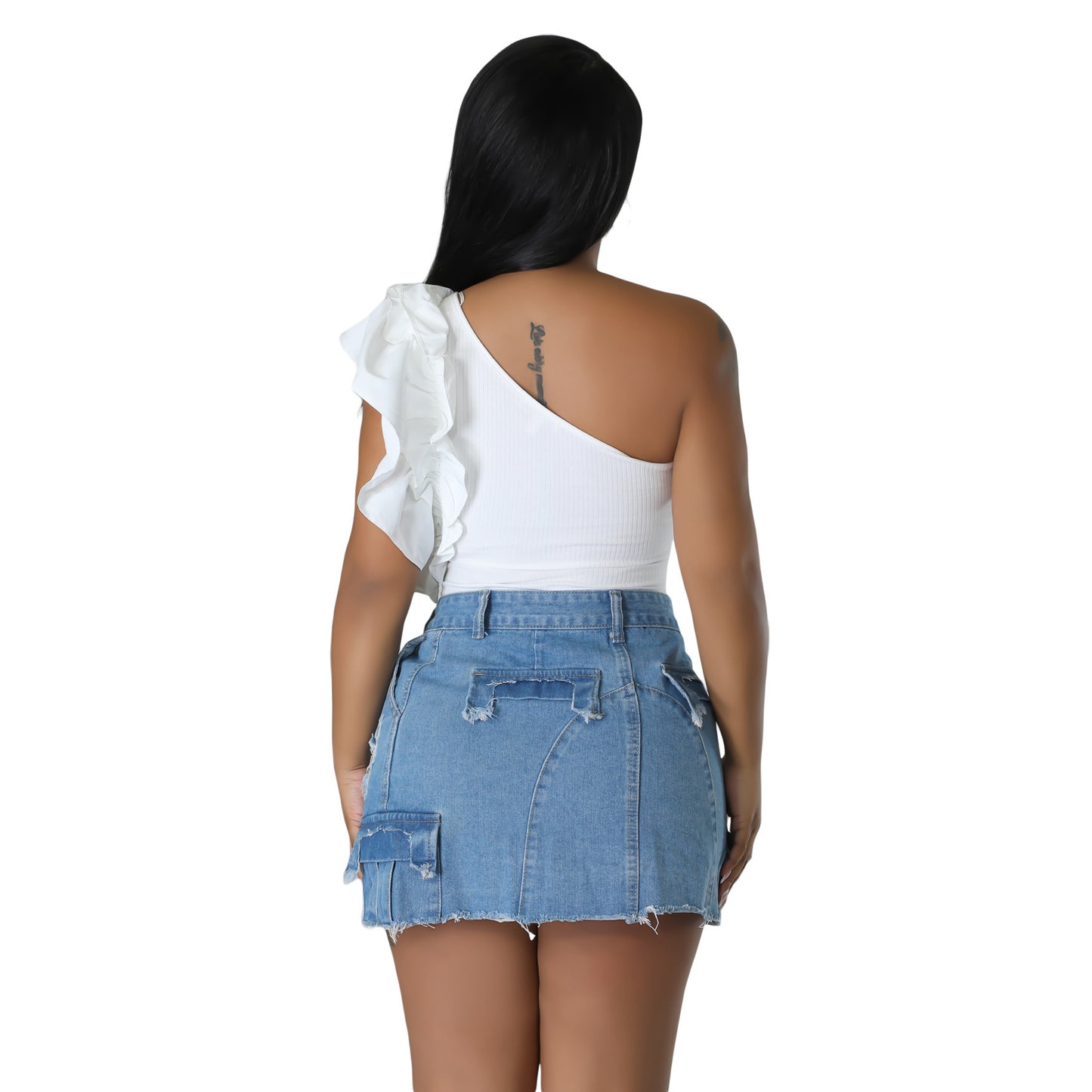 Denim Button Cargo Pocketed Ripped Women's Mini High Slit Jean Skirt