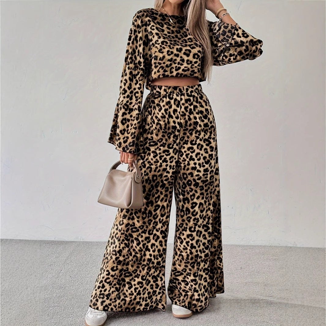 Leopard Print O-Neck Flared Sleeve Crop Blouse + Elastic Waist Pants Women's 2-Piece Set
