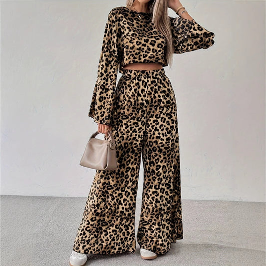Leopard Print O-Neck Flared Sleeve Crop Blouse + Elastic Waist Pants Women's 2-Piece Set