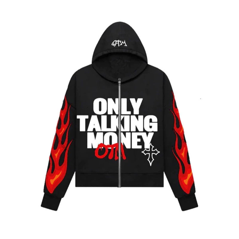 Men's "ONLY TALKING MONEY" Flame Letter Print Hip-Hop Zipper Hoodie Sweatshirts