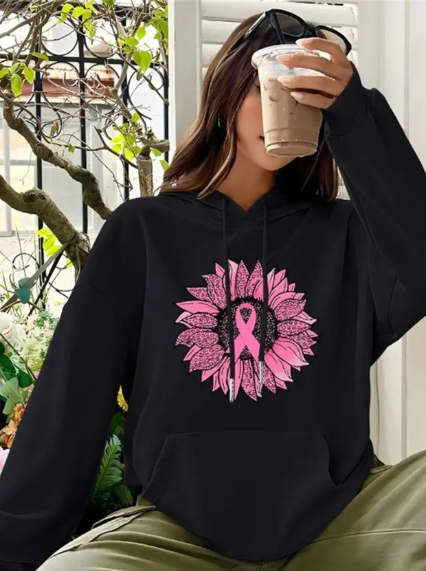 Black/Hot Pink Breast Cancer Symbol Sunflower Women's Hoodie Sweatshirt