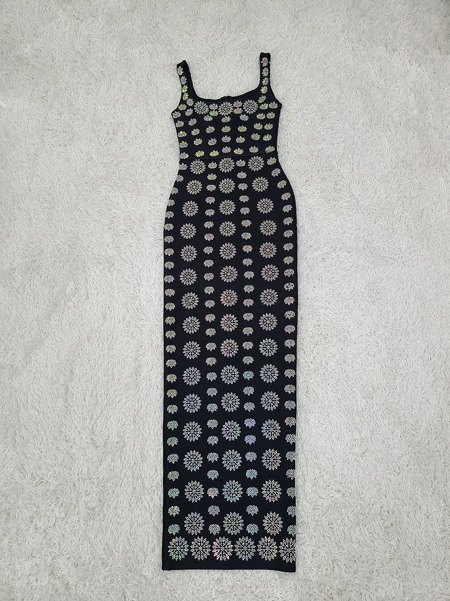 Black Rhinestone Embellished Spaghetti Strap Sleeveless U-Neck Skinny Bandage Formal Evening Party Dress
