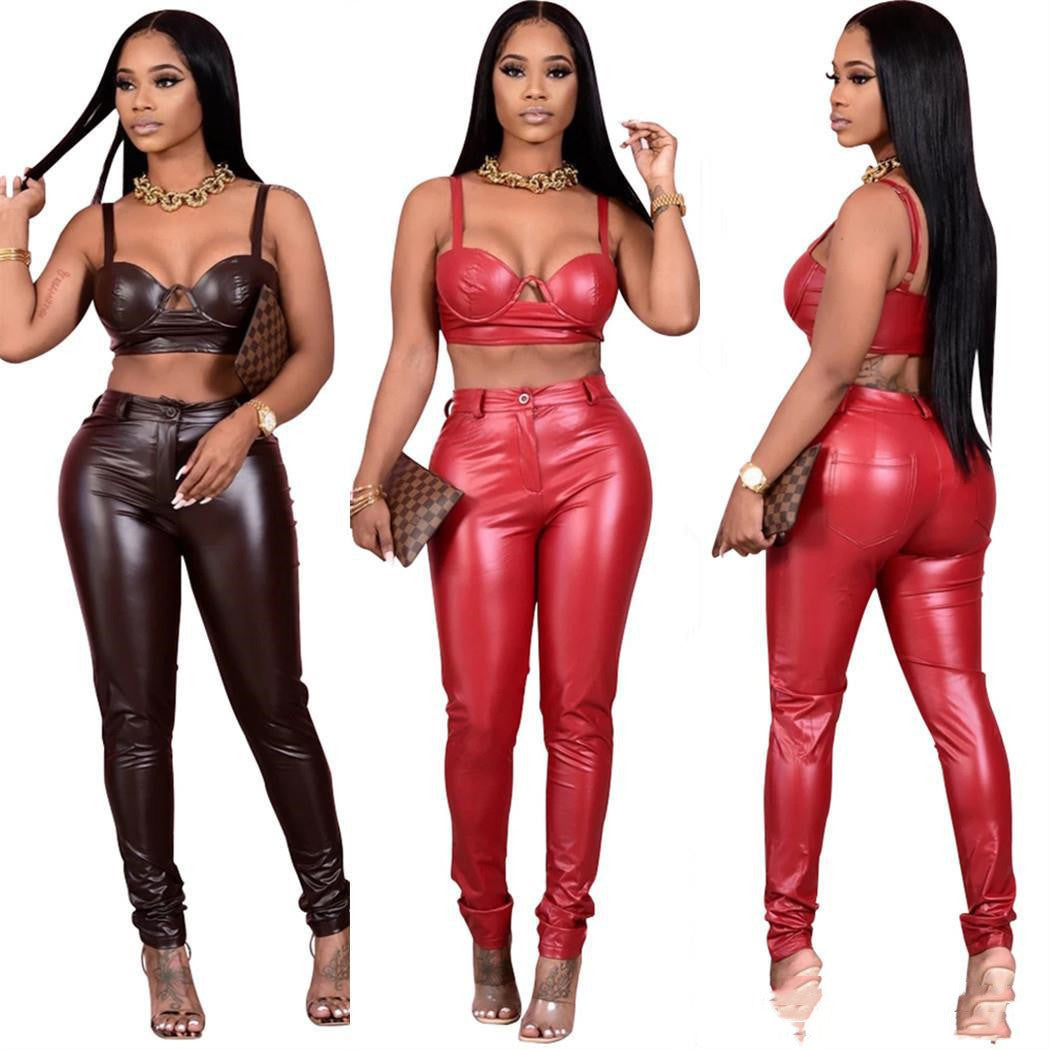 PU Leather Red/Brown Solid Color Bra + Leggings Women's 2-Piece Set