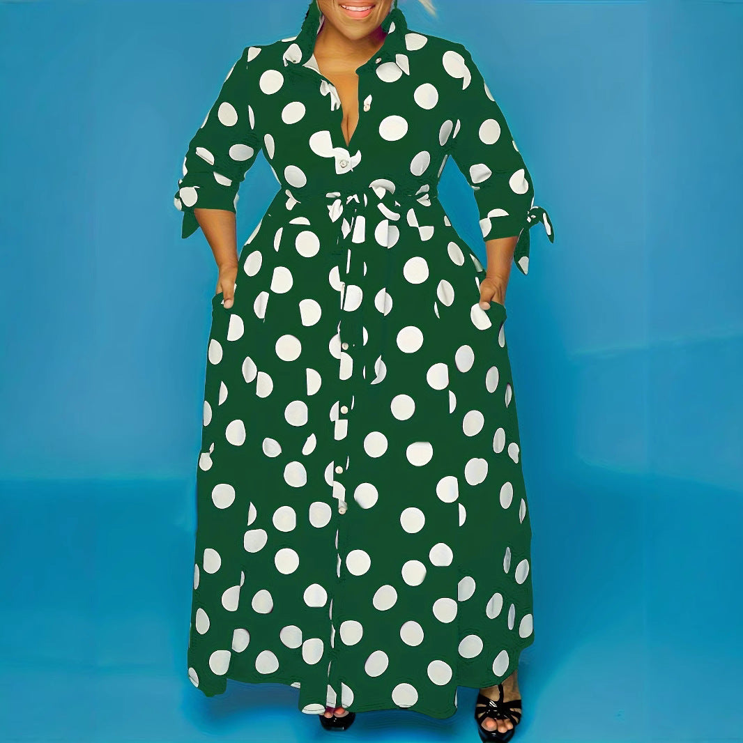 Polka Dot Print Button-Up Long Sleeve Maxi Dress w/ Sash Belt to 7X Plus Size