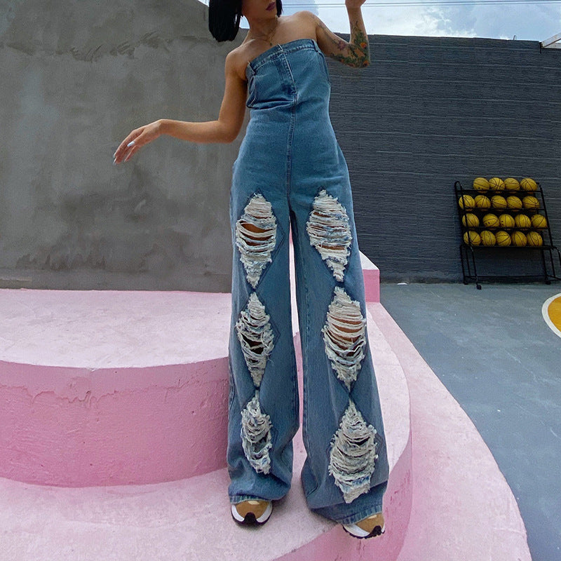 Denim Sleeveless Western Ripped High Waist Wide Leg Women's Tube Top Jean Jumpsuit