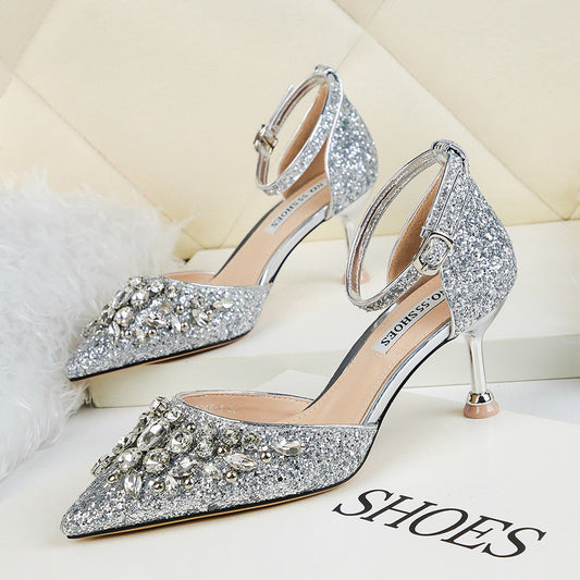 Rhinestone Metallic Glitter Slingback Ankle Strap Women's Pointed Toe High Heel Mule Pumps