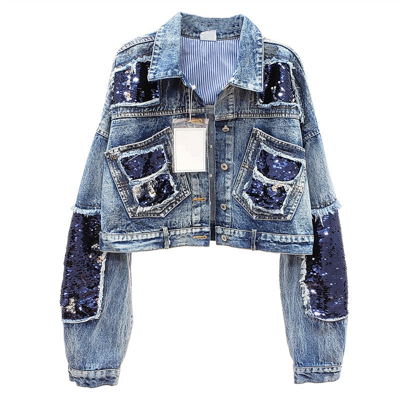 Denim Sequin Double Pocket Long Sleeve Women's Jean Jacket