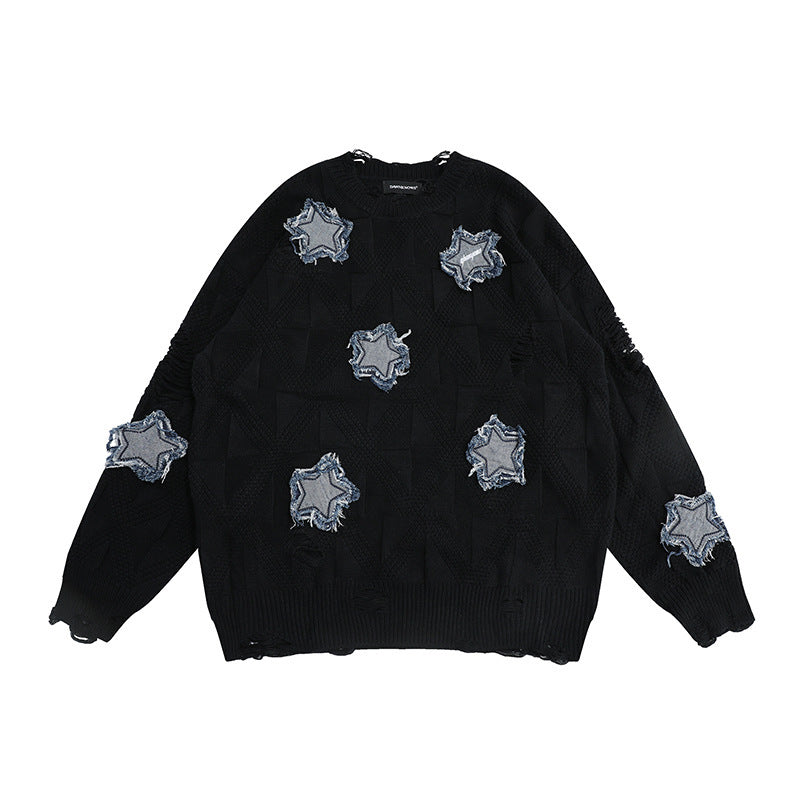 Men's Ripped Star Patch Embroidered O-Neck Loose Sweater