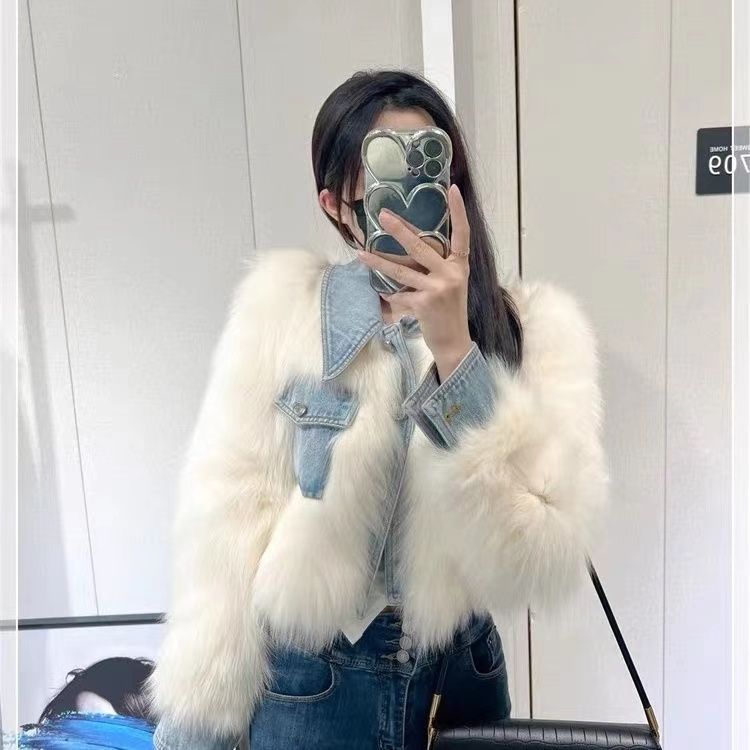 Light Blue Denim Patchwork Faux Fur Design Turn-Down Collar Crop Jean Jacket