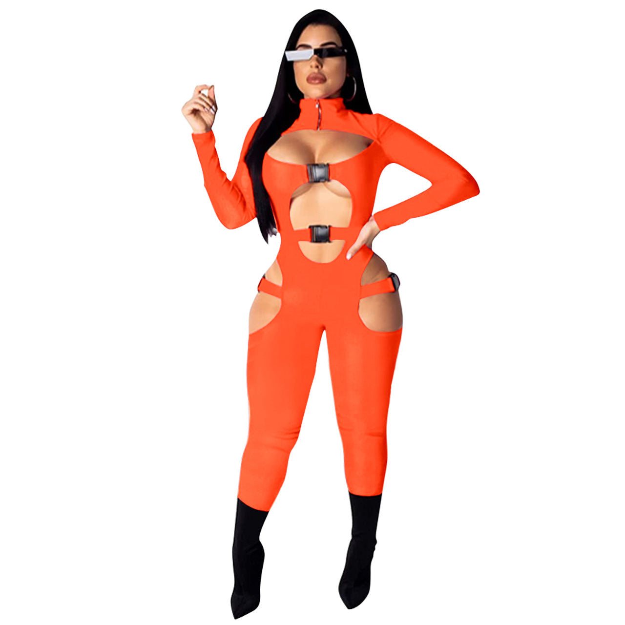 Sexy Hollow-Out Long Sleeve Solid Color Women's Skin Tight Jumpsuit
