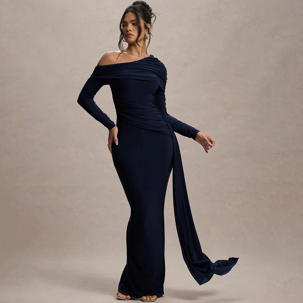 Crossbody Asymmetrical Ruched  Ribbon Train Design Long Sleeve Sheath Maxi Dress