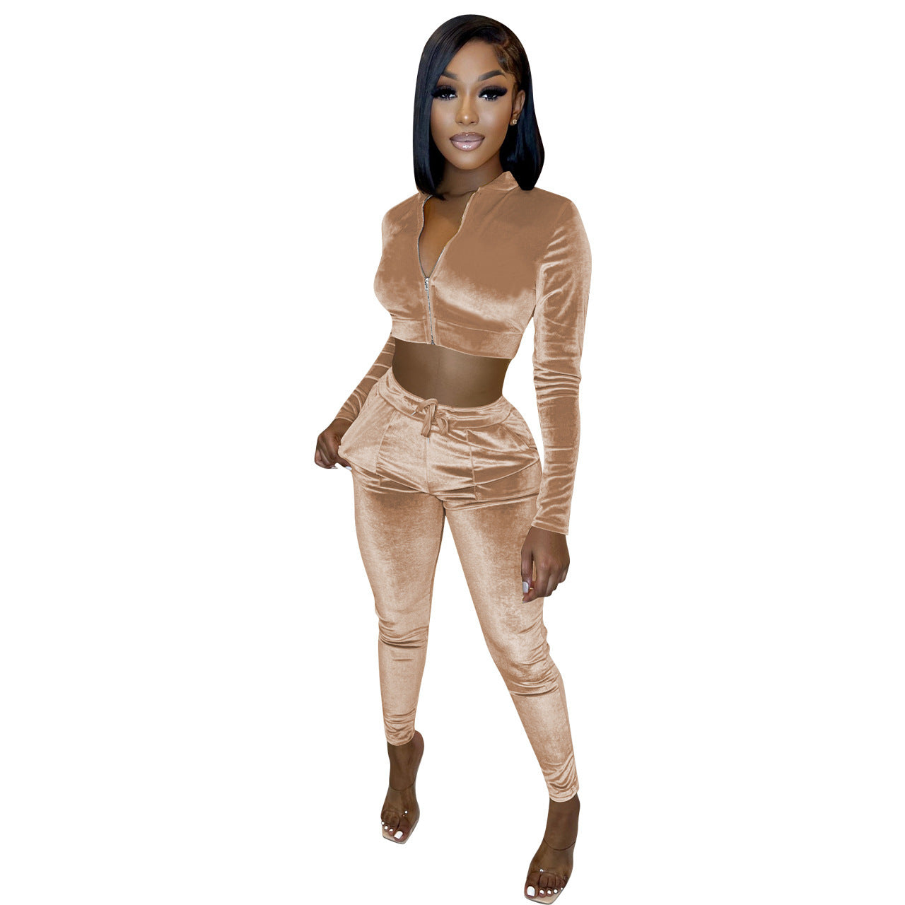 Velvet Solid Color Cropped Zipper Jacket + Drawstring Sweatpants Women's Tracksuit