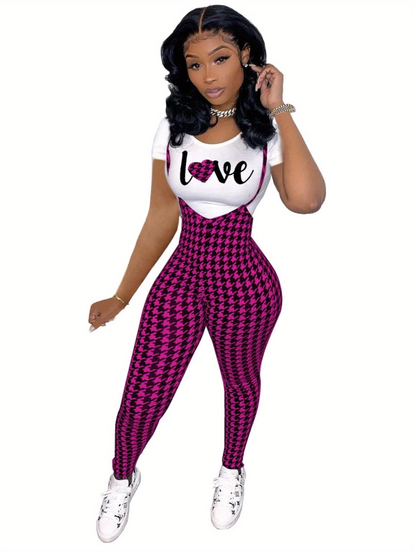 Sleeveless Houndstooth Plaid Print Cami Overalls Jumpsuit w/Love Heart Print T-Shirt Women's 2-Piece Set