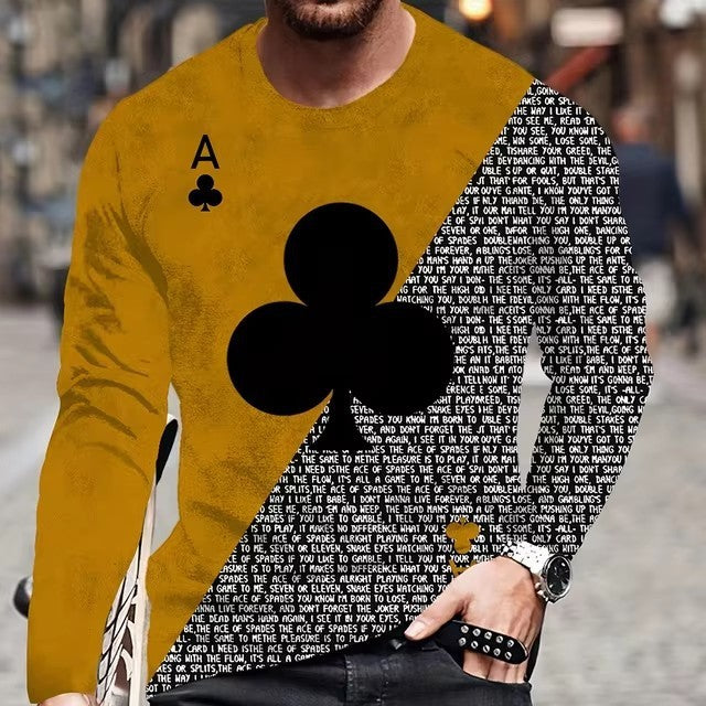 Men's Hip-Hop 3D Striped/Solid Playing Card Letter Digital Print Long Sleeve T-Shirt