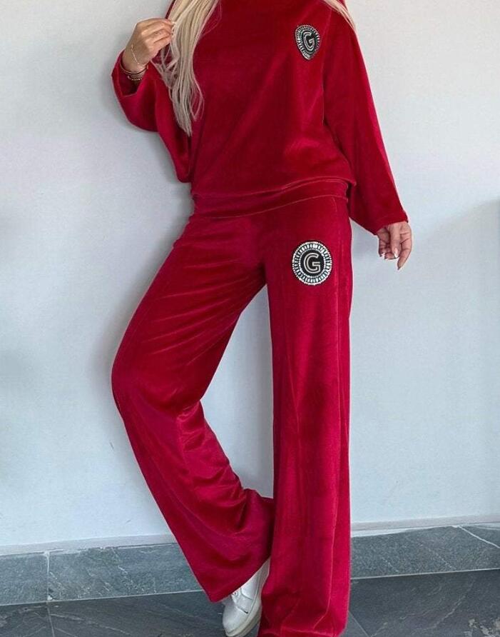 Velvet Solid Color O-Neck Long Batwing Sleeve Sweatshirt + Sweatpants Women Tracksuit to 3X Plus Size
