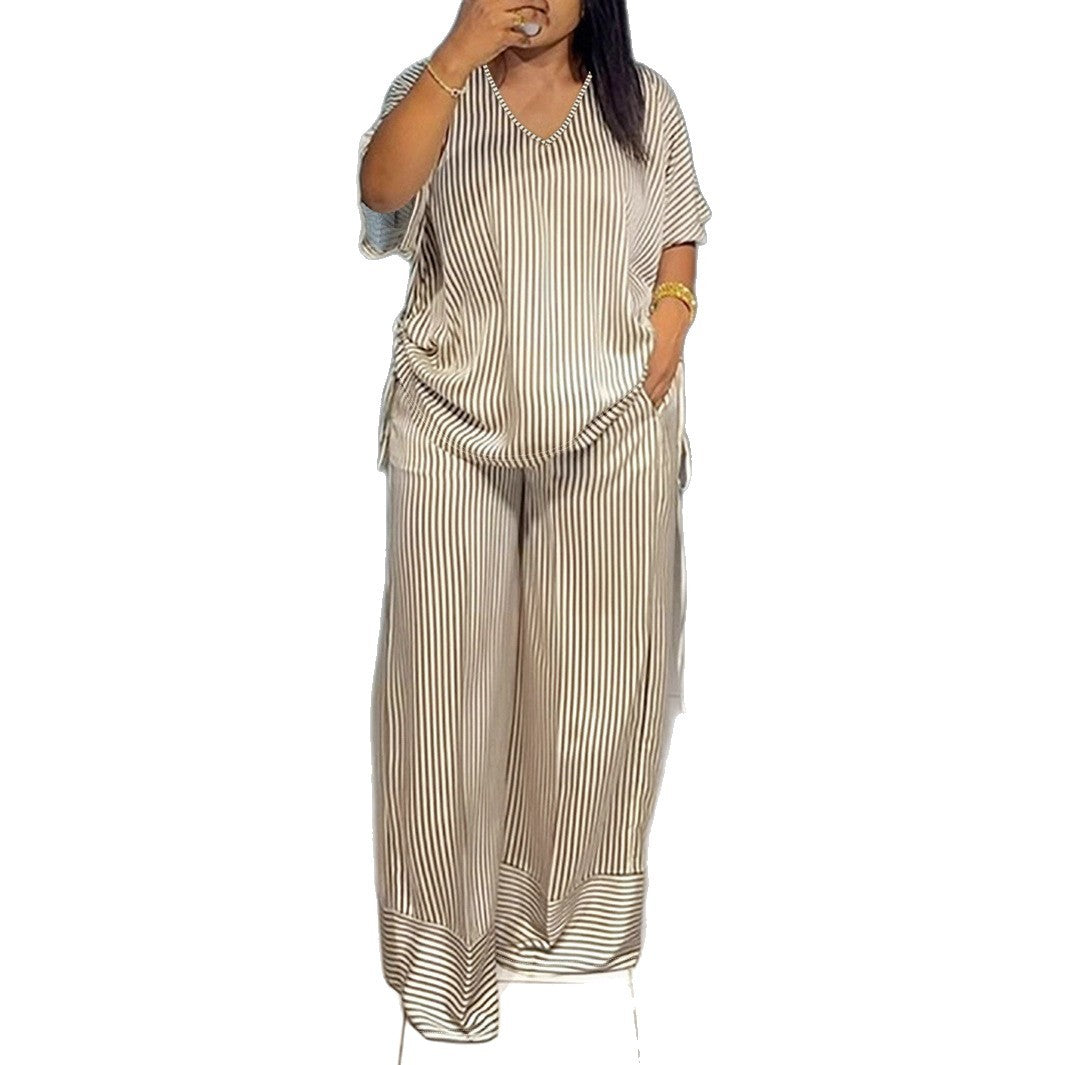 Loose Striped Drawstring V-Neck Short Sleeve Top  & Wide Leg Pants 2-Piece Set to 4X Plus Size