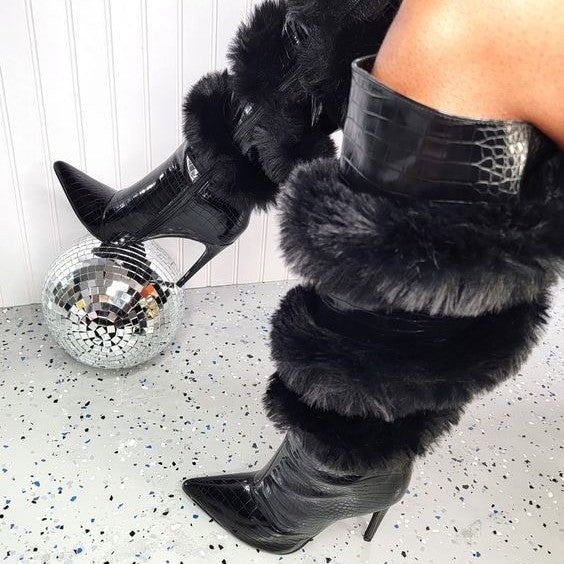 Leopard/Black Croc Print Spiral Faux Fur Wool Trim Pointed Toe Stiletto Heel Women's Knee-High Boots