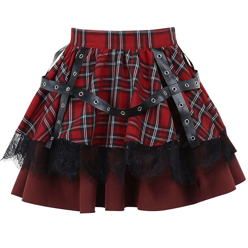 Plaid Lace Punk Goth A- Line Pleated Mini Skirt to 4X Plus Size