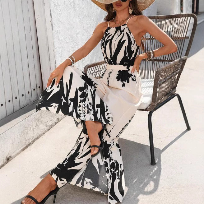 Sleeveless Black/White Floral Print Women's Spaghetti Strap Wide Leg Jumpsuit