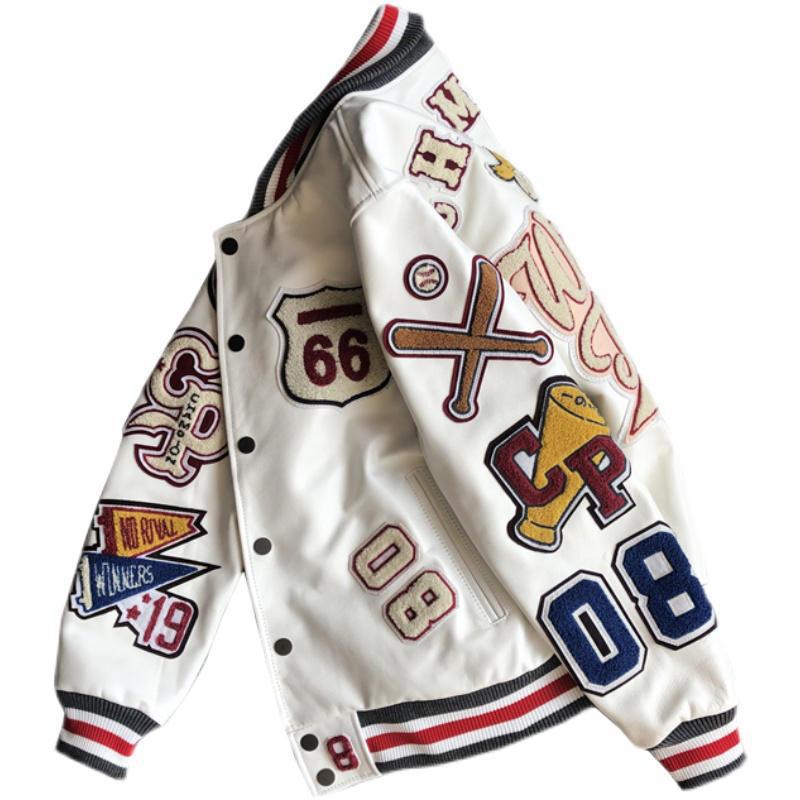 Men's White "Winning The Day" Patchwork Hip-Hop Letter Print Varsity Baseball Bomber Jacket