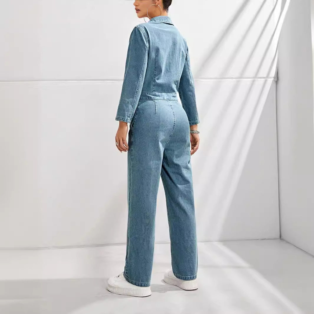 Denim Blue Washed Button-Up Women's Skinny Long Sleeve Turn-Down Collar Overall Jean Jumpsuit