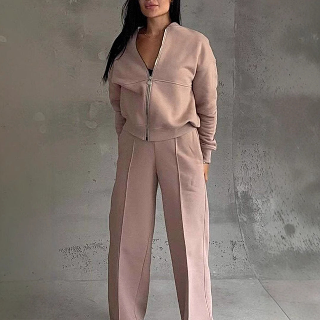 Women's O-Neck Solid Color Zipper Jacket + Wide Leg Pants Tracksuit