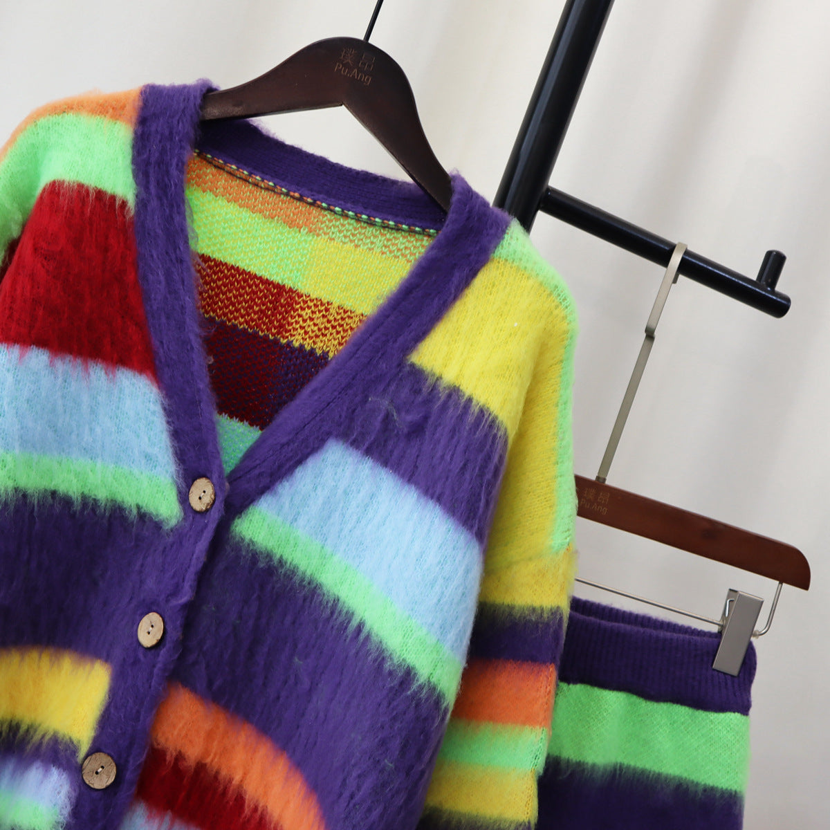 Rainbow Striped Fuzzy Knitted Women's Cardigan Sweater + Button-Up Maxi High Slit Skirt 2-Piece Set