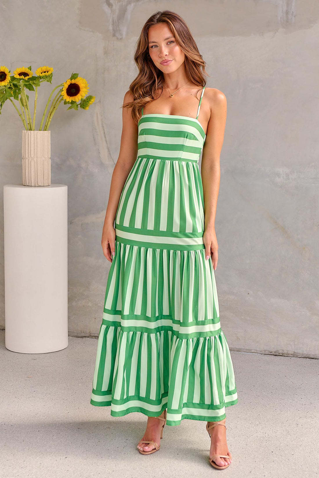 Striped Print Spaghetti Strap Square Neck Backless Maxi Tiered Beach Dress