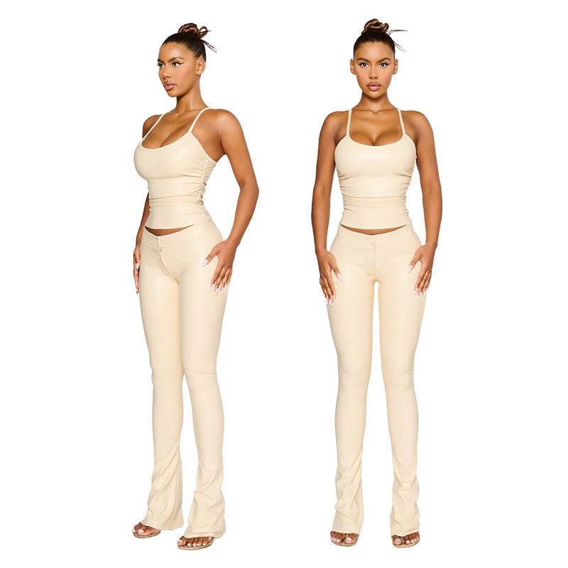 PU Leather Women's Solid Color Tank Top+ Trouser Pants 2-Piece Set