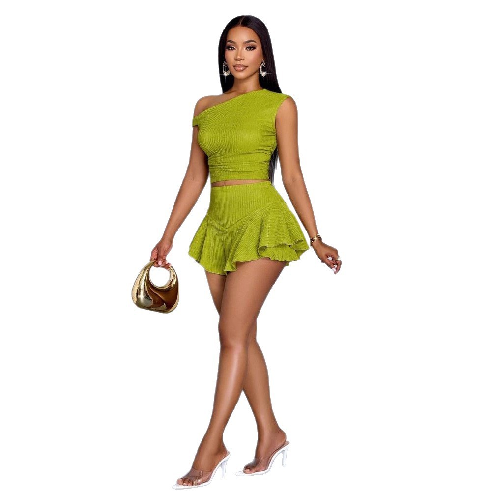 Asymmetrical One Shoulder Women's Solid Color Ruched Fitted Crop Top + Ruffled Mini Skirt 2-Piece Set