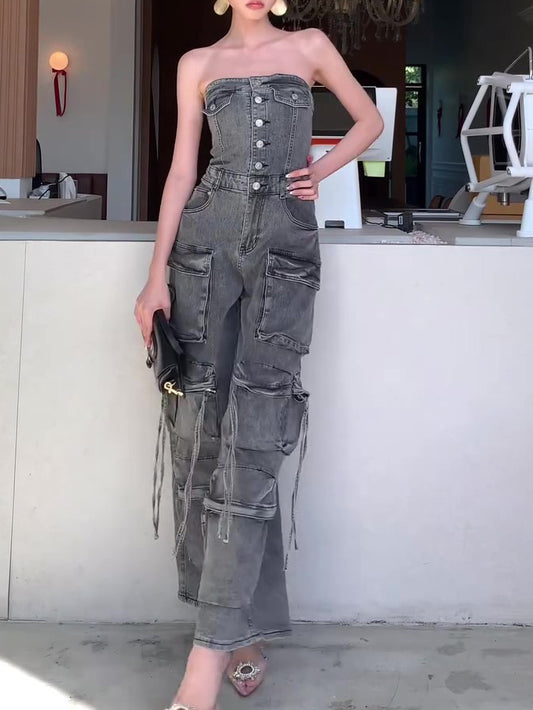 Denim Black Washed Multi-Pocketed Tube Top Sleeveless Women's Cargo Jeans Jumpsuit