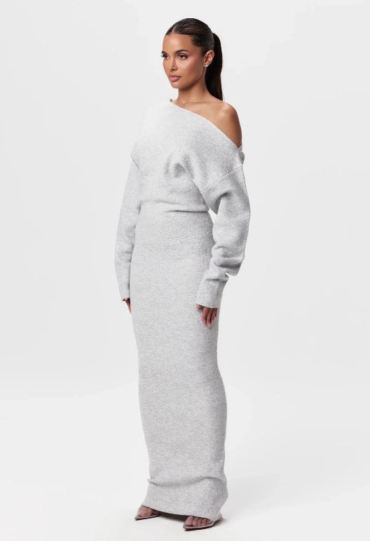 Knitted Skinny Fit Long Sleeve Off-the-Shoulder Solid Color Bodycon Maxi Dress