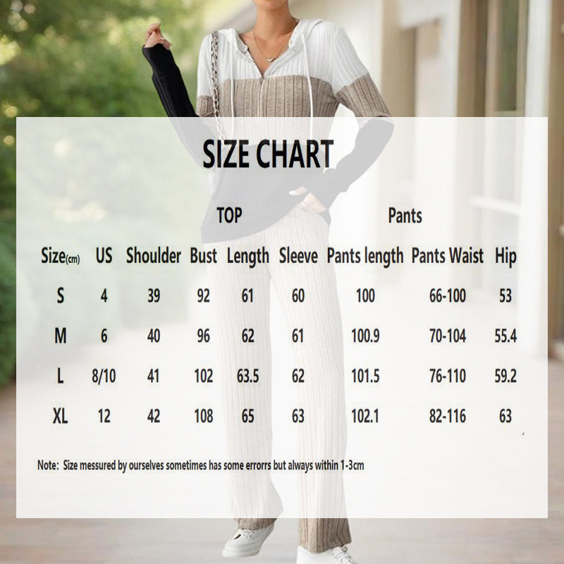 Knitted Ribbed Drawstring Striped Colorblock Long Sleeve Zipper Hoodie Sweatshirt + Wide Leg Sweatpants Women's Tracksuit